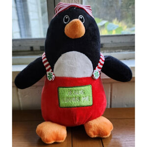 Jesus Loves Me Christmas Penguin Soft Stuffed Plush Fiesta 10" Striped Overalls
